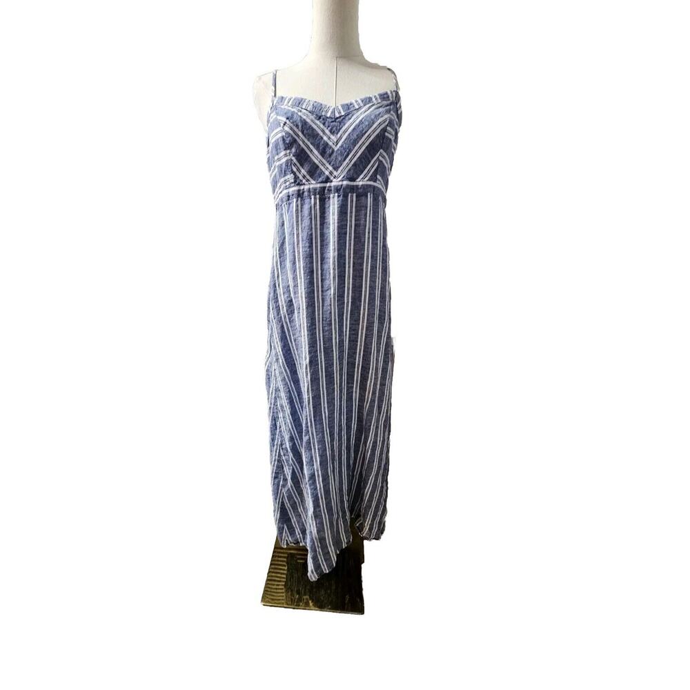 St. Tropez West 100% Linen Blue Chambray Striped Maxi Dress Lined Bust Sz 6